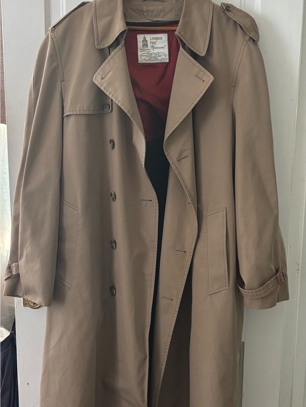 London Fog Khaki Trench Coat with Burgundy Lining